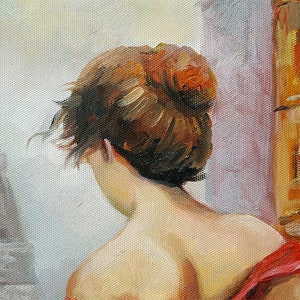 May include: Oil painting of a woman with auburn hair, viewed from the back, in front of the Eiffel Tower. She wears a red garment. The artwork has a warm color palette with visible brushstrokes, evoking a sense of nostalgia and romance.