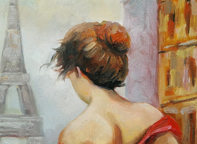 May include: Oil painting of a woman with auburn hair, viewed from the back, in front of the Eiffel Tower. She wears a red garment. The artwork has a warm color palette with visible brushstrokes, evoking a sense of nostalgia and romance.