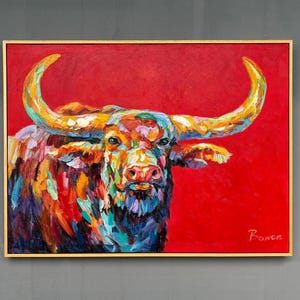 Framed Hand-Painted Longhorn Painting, Textured Palette Knife Bull, Southwest Ranch Wall Art, 36x24 inches image 1
