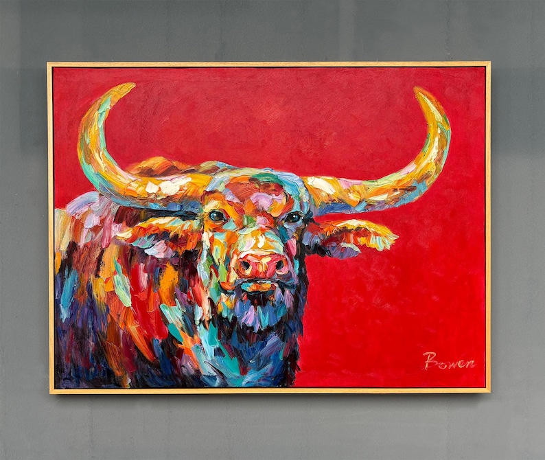Framed Hand-Painted Longhorn Painting, Textured Palette Knife Bull, Southwest Ranch Wall Art, 36x24 inches image 1