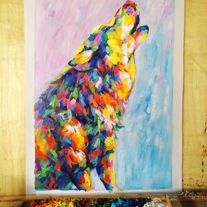 Midnight Howl - Handmade Wolf Painting, Original Vibrant Impressionist Wolf Art, Wilderness Wall Decor, Cabin Decor Rustic image 8