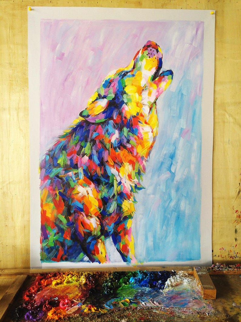 Midnight Howl - Handmade Wolf Painting, Original Vibrant Impressionist Wolf Art, Wilderness Wall Decor, Cabin Decor Rustic image 8