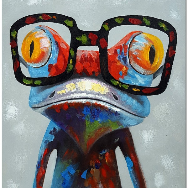 Grenouille avec des lunettes - peinture à l'huile animale peinte à la main sur toile