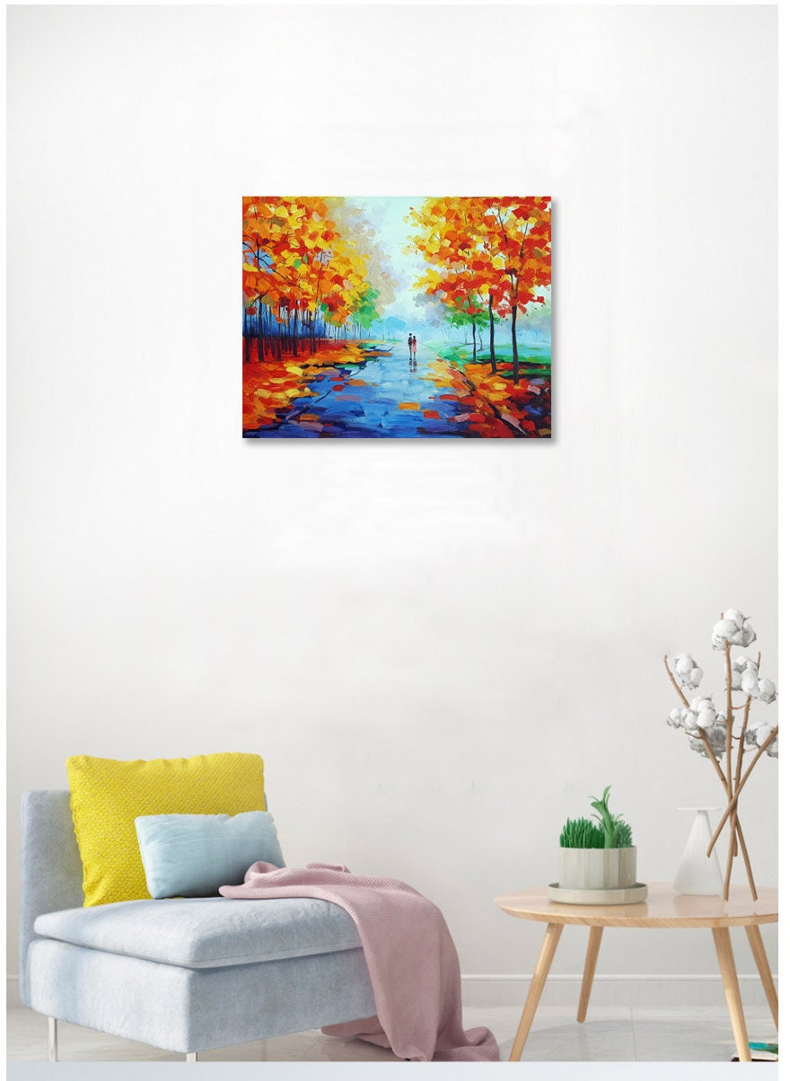 Quadro Su Tela 100x50 Cm – Foglie Autunno Acquerello Arancione E Marrone – Senza Cornice – Moderna Decorazione Per Soggiorno E Camera