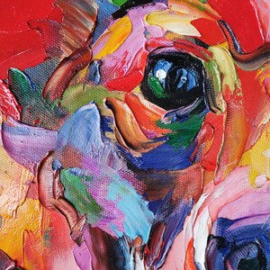 May include: Close-up of a colorful impasto painting of a dog's face. The artwork features thick brushstrokes in shades of red, blue, green, yellow, and pink, creating a textured and vibrant effect. The dog's eye is a focal point.