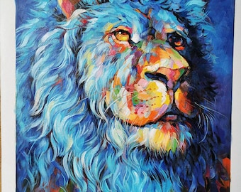 オリジナル手描きライオン油絵 – 質感のある印象派風動物キャンバス