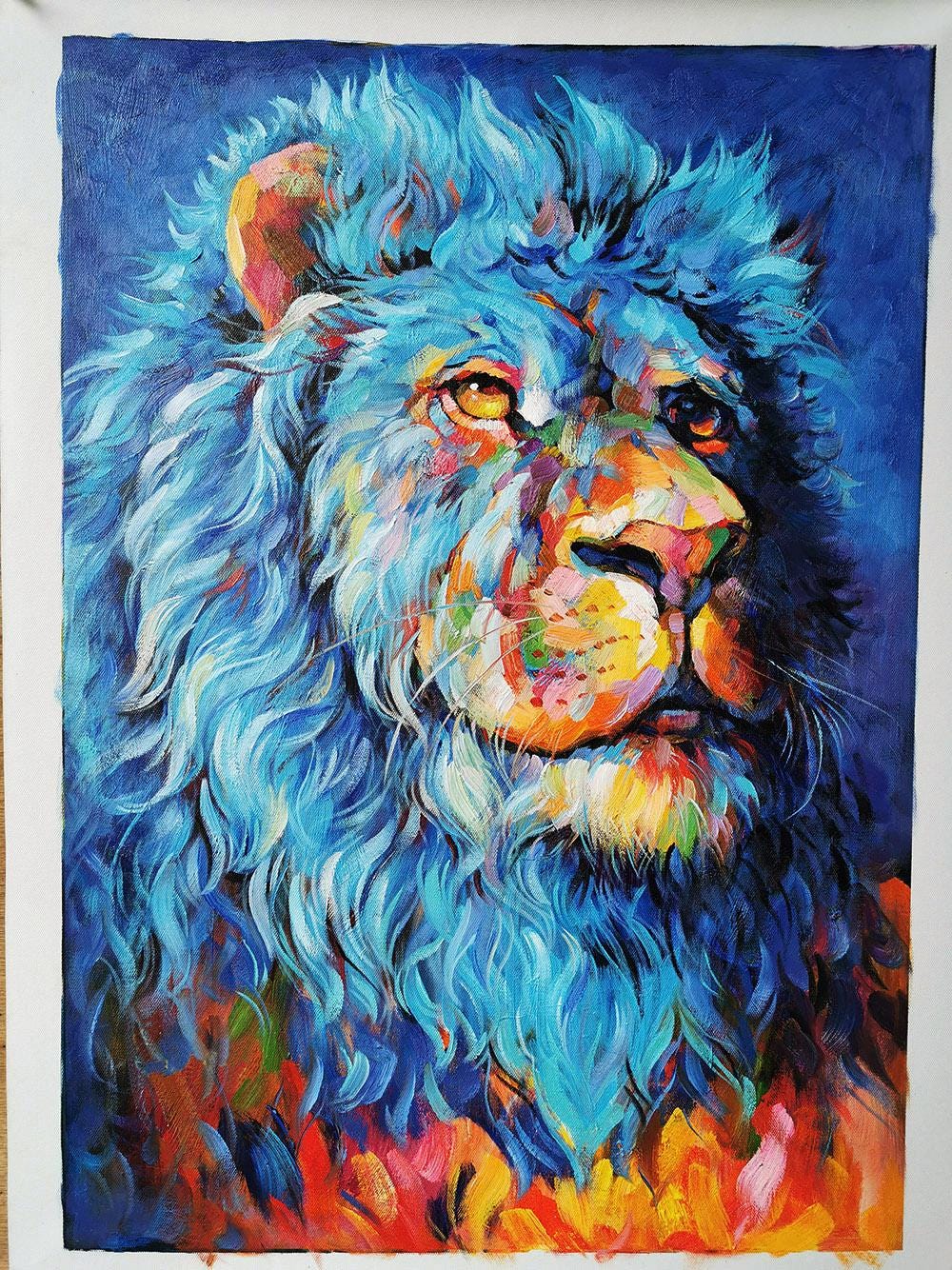 オリジナル手描きライオン油絵 – 質感のある印象派風動物キャンバス