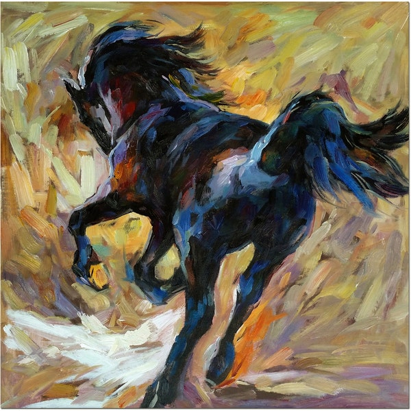 Signed Hand Painted Impressionist Black Horse Painting On Canvas -  Artist Certificate Included