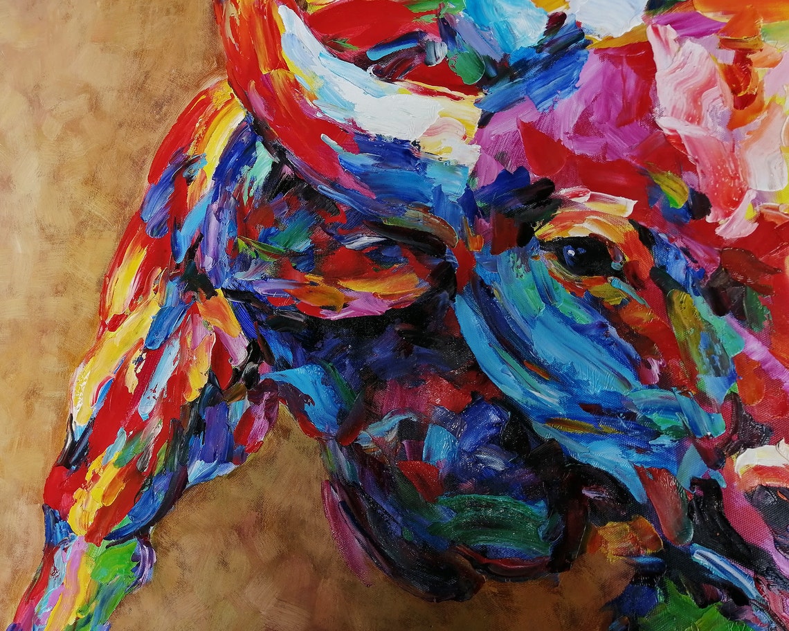 Hand Painted Modern Impressionist Bull Oil Painting On Canvas Etsy