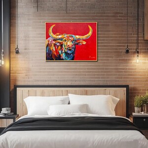 Framed Hand-Painted Longhorn Painting, Textured Palette Knife Bull, Southwest Ranch Wall Art, 36x24 inches image 8
