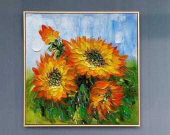 Hand-Painted Sunflower Painting – Palette Knife Thick Texture Impressionist Floral Art