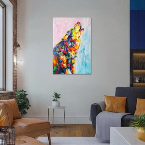 Midnight Howl - Handmade Wolf Painting, Original Vibrant Impressionist Wolf Art, Wilderness Wall Decor, Cabin Decor Rustic image 7