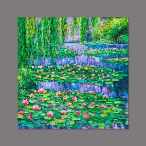 Handmade Modern Impressionist Water Lilies Flower Oil Painting On Canvas - Thick Paints Heavy Texture