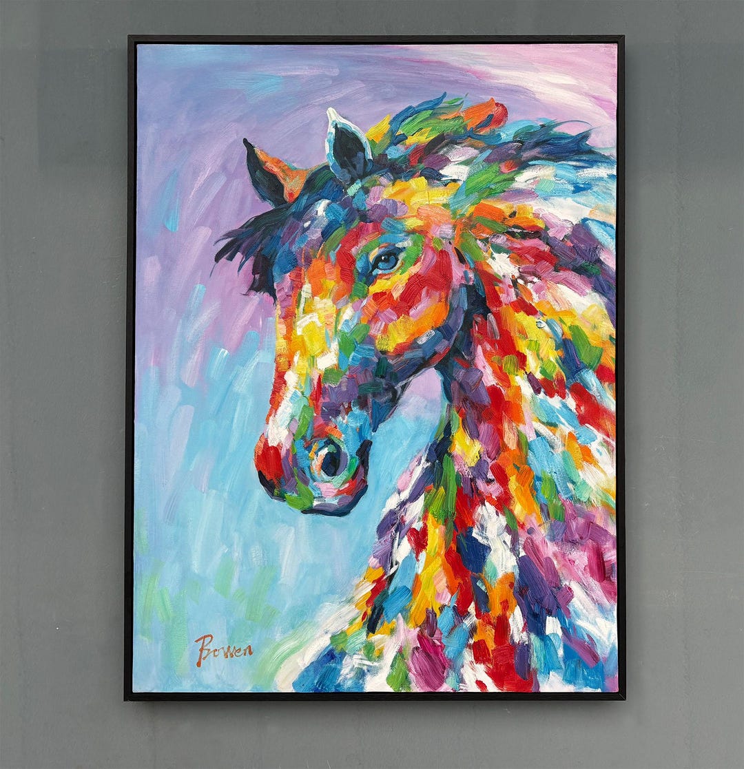 HORSE 油絵アート Colorful Horse Oil Painting: Textured Pop Art on Canvas, Framed - Etsy
