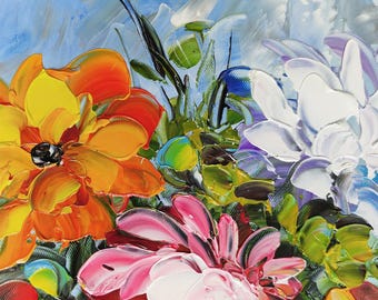 カラフルな花瓶 - ハンドメイドパレットナイフフラワー油絵キャンバス