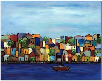 May include: A colorful painting of a small town on a waterfront with a single boat in the water. The buildings are painted in shades of blue, green, yellow, orange, and red. The sky is a light blue with white clouds.