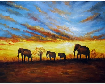 African Art of Sunset Landscape - Hand Painted Elephant Painting On Canvas CERTIFICATE INCLUDED