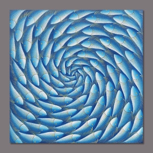 Blue Spiral - Handmade Fish Painting On Canvas, Modern Abstract Aquatic Wall Art, Nursery Home Decor, Underwater Abstract Art