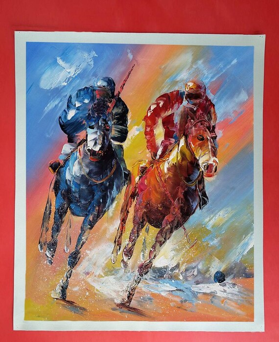 手描きのポロ絵画、テクスチャーのあるパレットナイフを使った競馬