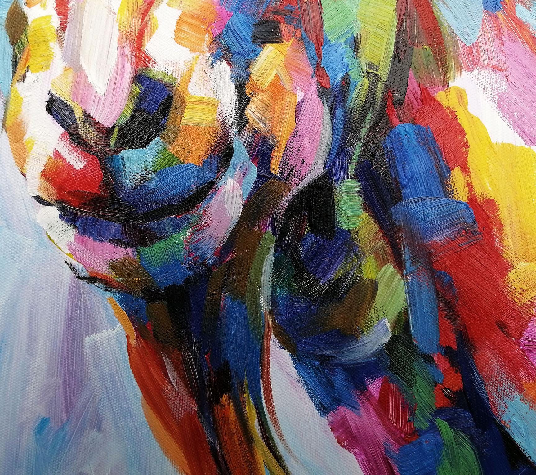 ハンドメイドのモダン印象派ヤギ絵画キャンバス - 現代的でカラフルな