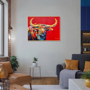Framed Hand-Painted Longhorn Painting, Textured Palette Knife Bull, Southwest Ranch Wall Art, 36x24 inches image 9