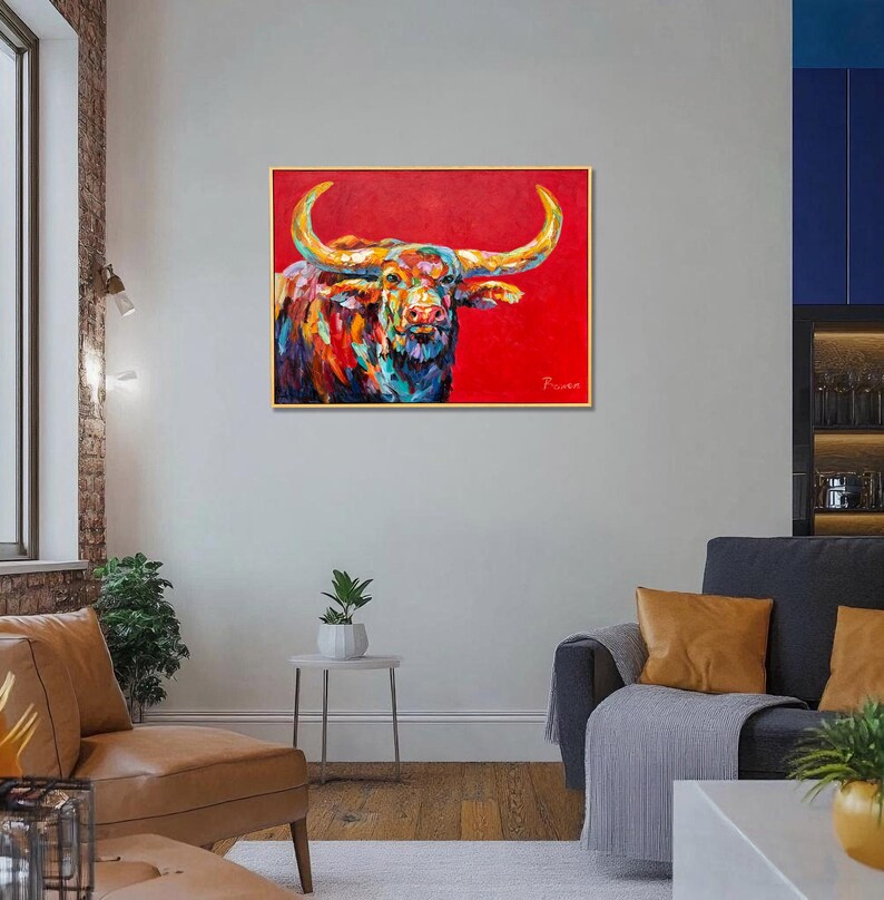 Framed Hand-Painted Longhorn Painting, Textured Palette Knife Bull, Southwest Ranch Wall Art, 36x24 inches image 9