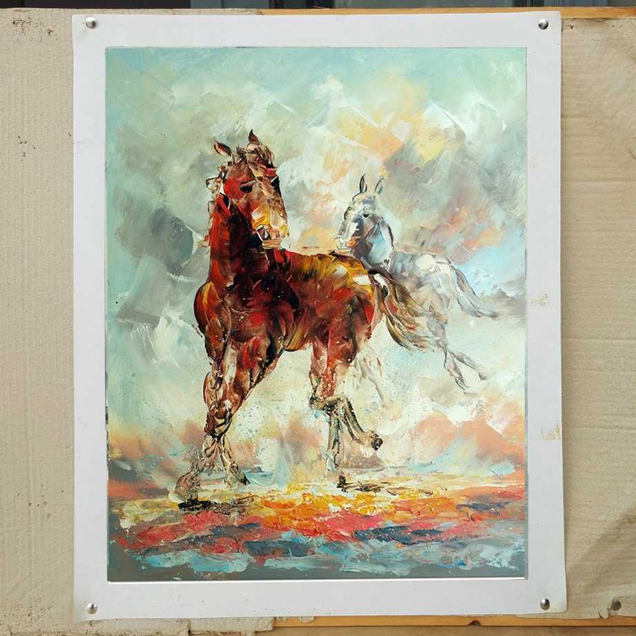 走る馬 - ハンドメイドのパレットナイフ印象派の馬の油絵