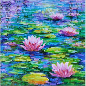 Hand-Painted Water Lilies Oil Painting – Impressionist Pond Landscape Art image 2