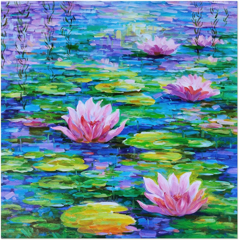 Hand-Painted Water Lilies Oil Painting – Impressionist Pond Landscape Art image 2