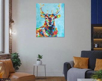 手作りの印象派のカラフルな鹿の油絵、キャンバスに描かれたモダンな