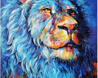 オリジナル手描きライオン油絵 – 質感のある印象派風動物キャンバス