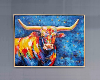 テキサスロングホーン油絵、ウェスタンランチウォールアート - Etsy 日本