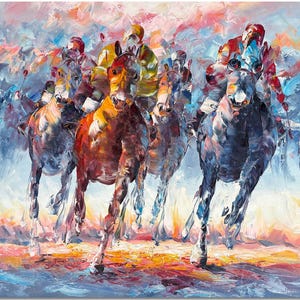 Kentucky Derby - Handmade Palette Knife Horse Racing Painting Textured Impressionist Equine Art, Modern Equestrian Decor