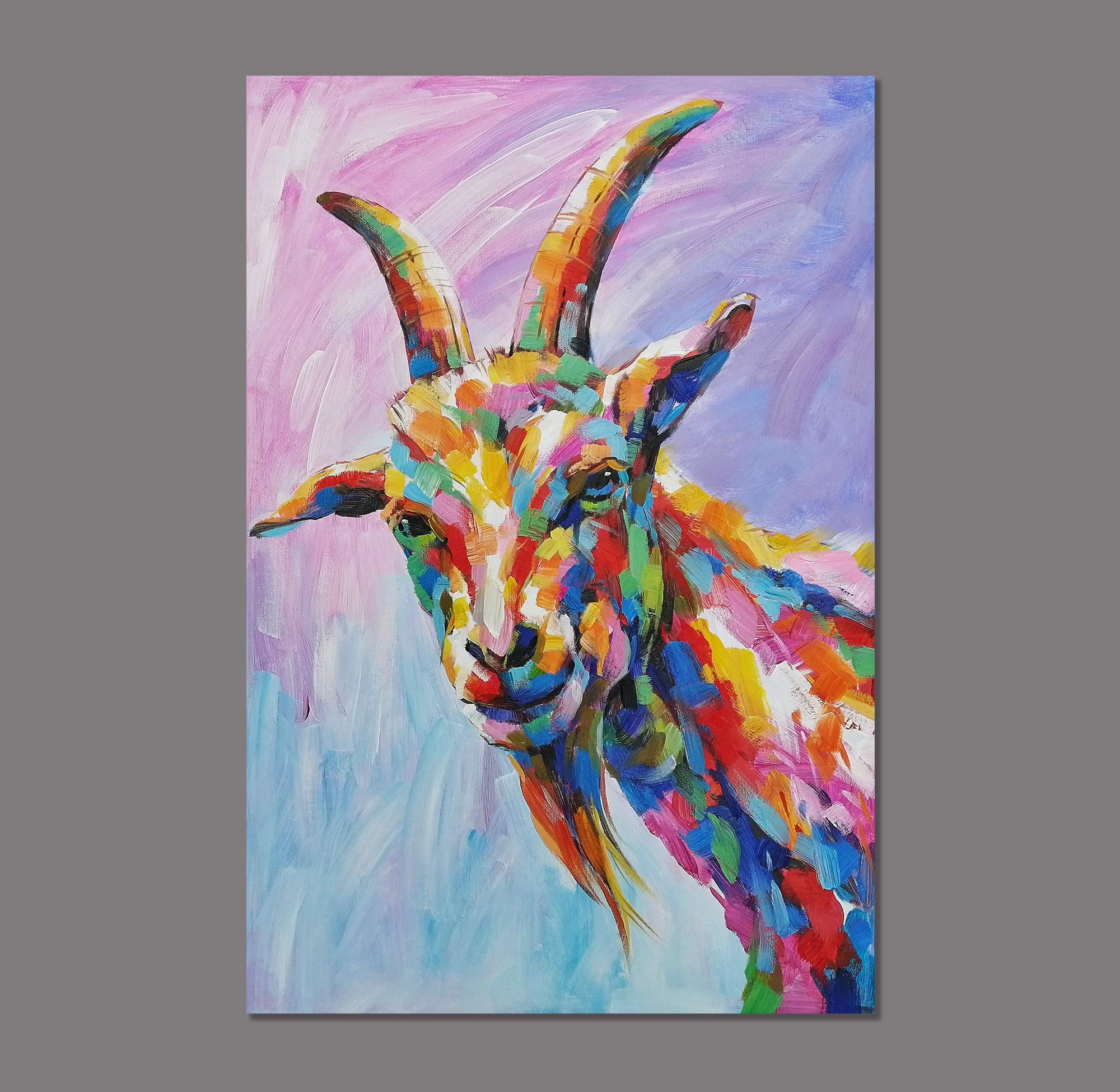 ヤギの油彩画　油絵　動物画　インテリア Amazon.co.jp: ZYCH 油絵 動物 猫 プロ 蝶 キャンバス ウォールアート