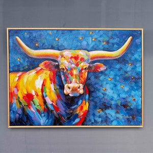 Framed Original Handmade Longhorn Oil Painting 32x24&quot; Ready to Hang, Impressionist Animal Art,Western Wall Decor, Los Angeles Shipping