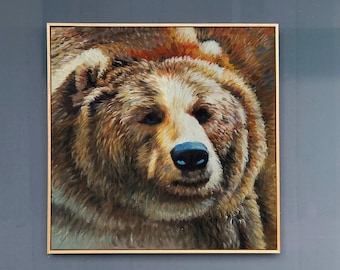 Hand-Painted Grizzly Bear Painting – Modern Cabin Wall Art