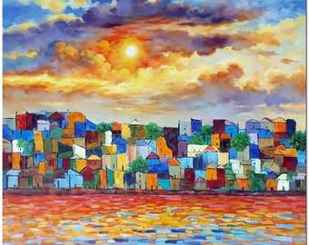 オリジナルハンドメイド印象派のカラフルな風景油絵、キャンバスに描かれた夕焼けのホームデコレーションウォールアート