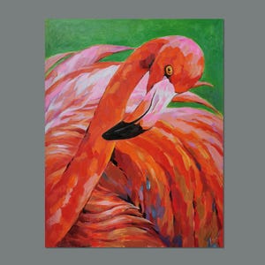Handmade Impressionist Flamingo Painting, Rosewater Lagoon Art, Contemporary Tropical Bird Painting, Beach House Decor