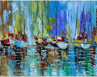 Hand-Painted Impasto Sailboats Painting – Textured Palette Knife Seascape Art
