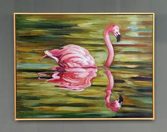 油絵 オリジナル手描きアート - 恋するフラミンゴ - Etsy 日本