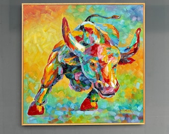 Hand-Painted Bull Oil Painting – Palette Knife Textured Impasto Animal Art