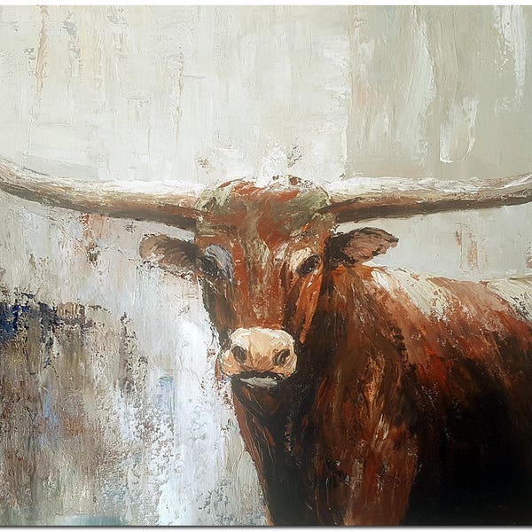 Hand Painted Abstract Texas Longhorn Oil Painting On Canvas - Contemporary Animal Art Thick Paint Texture