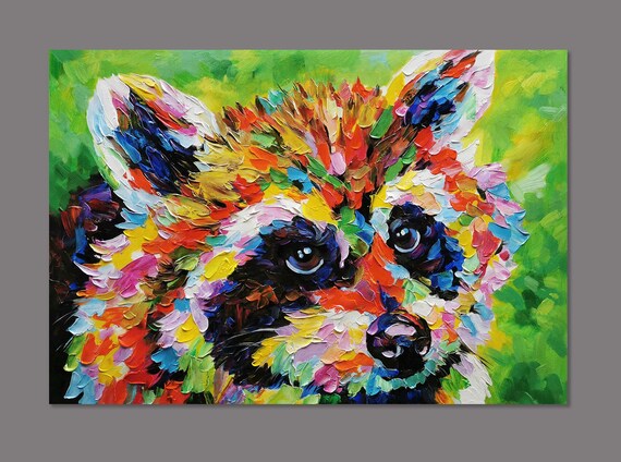 キャンバスに描かれたオリジナルの手作りアライグマの絵画、現代印象派