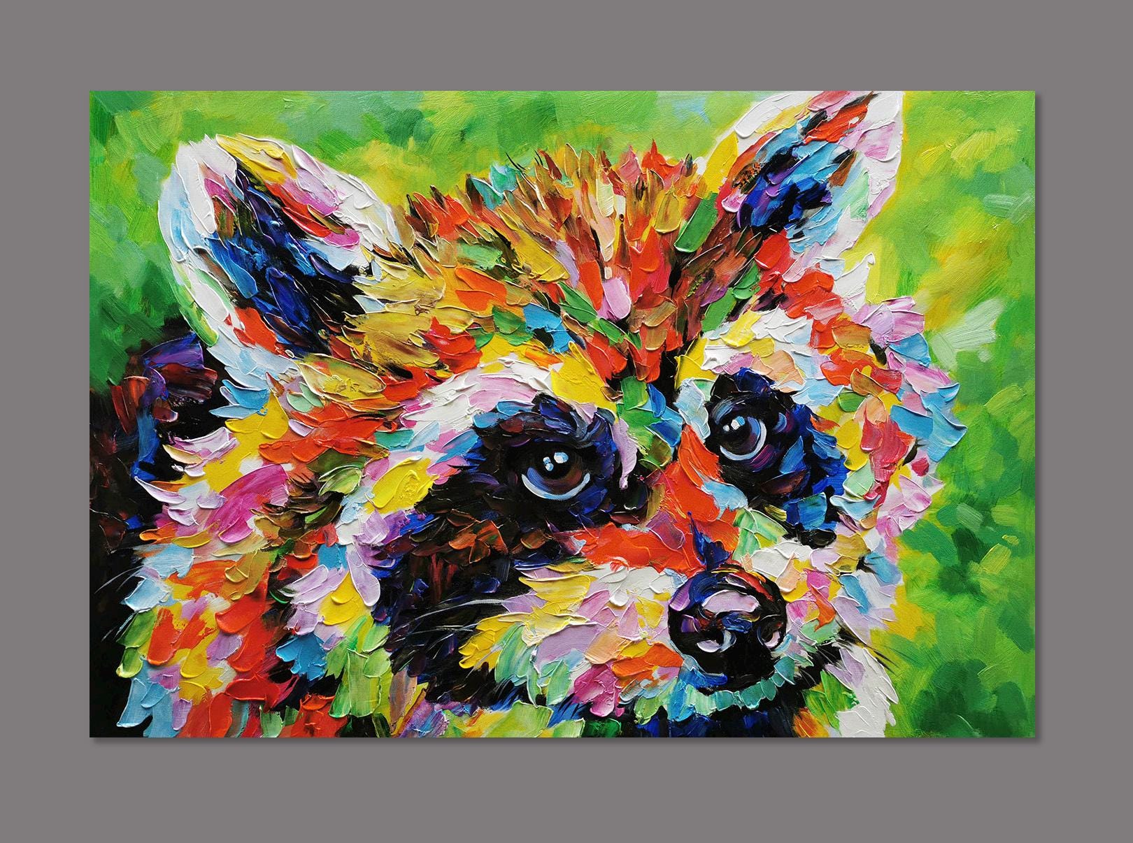 キャンバスに描かれたオリジナルの手作りアライグマの絵画、現代印象派