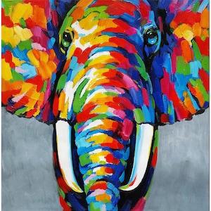 Original Handmade Elephant Oil Painting - Modern Impressionist Multi-colored Safari Animal Wall Art Home Decor Thick Paint Heavy Texture