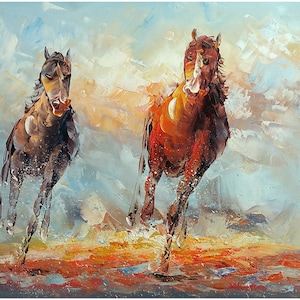 Running Horses - Original Handmade Modern Palette Knife Impressionist Horse Oil Painting On Canvas CERTIFICATE INCLUDED