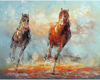 走る馬 - オリジナルハンドメイドモダンパレットナイフ印象派馬油絵