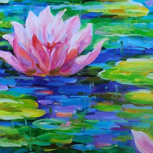 May include: An impressionistic painting of a water lily in full bloom. The pink and red petals contrast with the blue and green water and lily pads. The artwork uses visible brushstrokes.