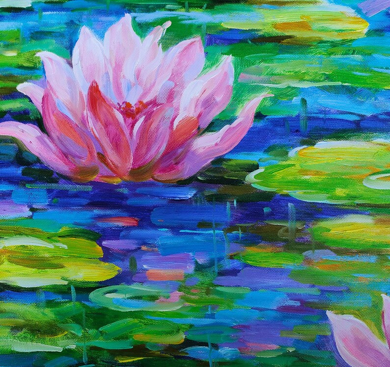 May include: An impressionistic painting of a water lily in full bloom. The pink and red petals contrast with the blue and green water and lily pads. The artwork uses visible brushstrokes.