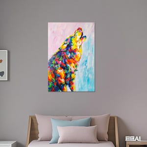 Midnight Howl - Handmade Wolf Painting, Original Vibrant Impressionist Wolf Art, Wilderness Wall Decor, Cabin Decor Rustic image 6